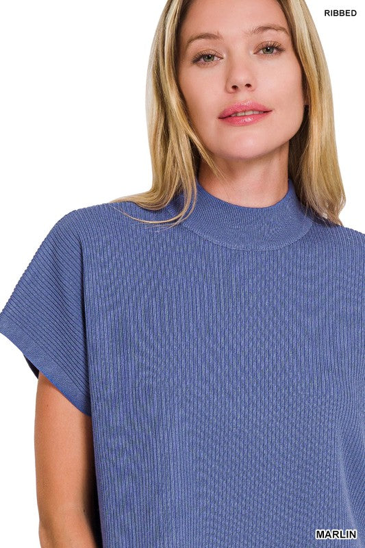 Blue Viscose Mock Neck Boxy Sweater