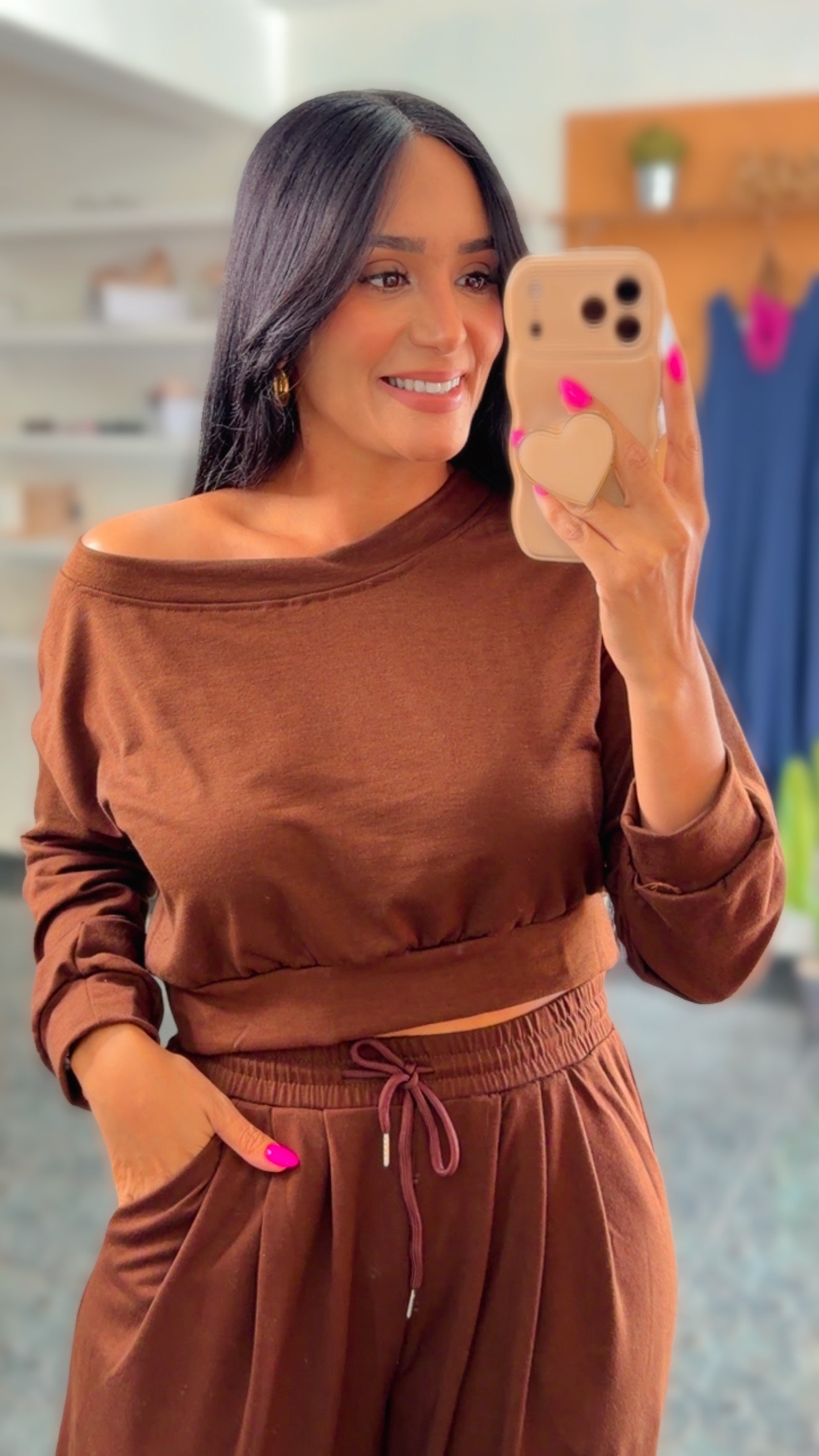 Brown French Terry Off Shoulder Set