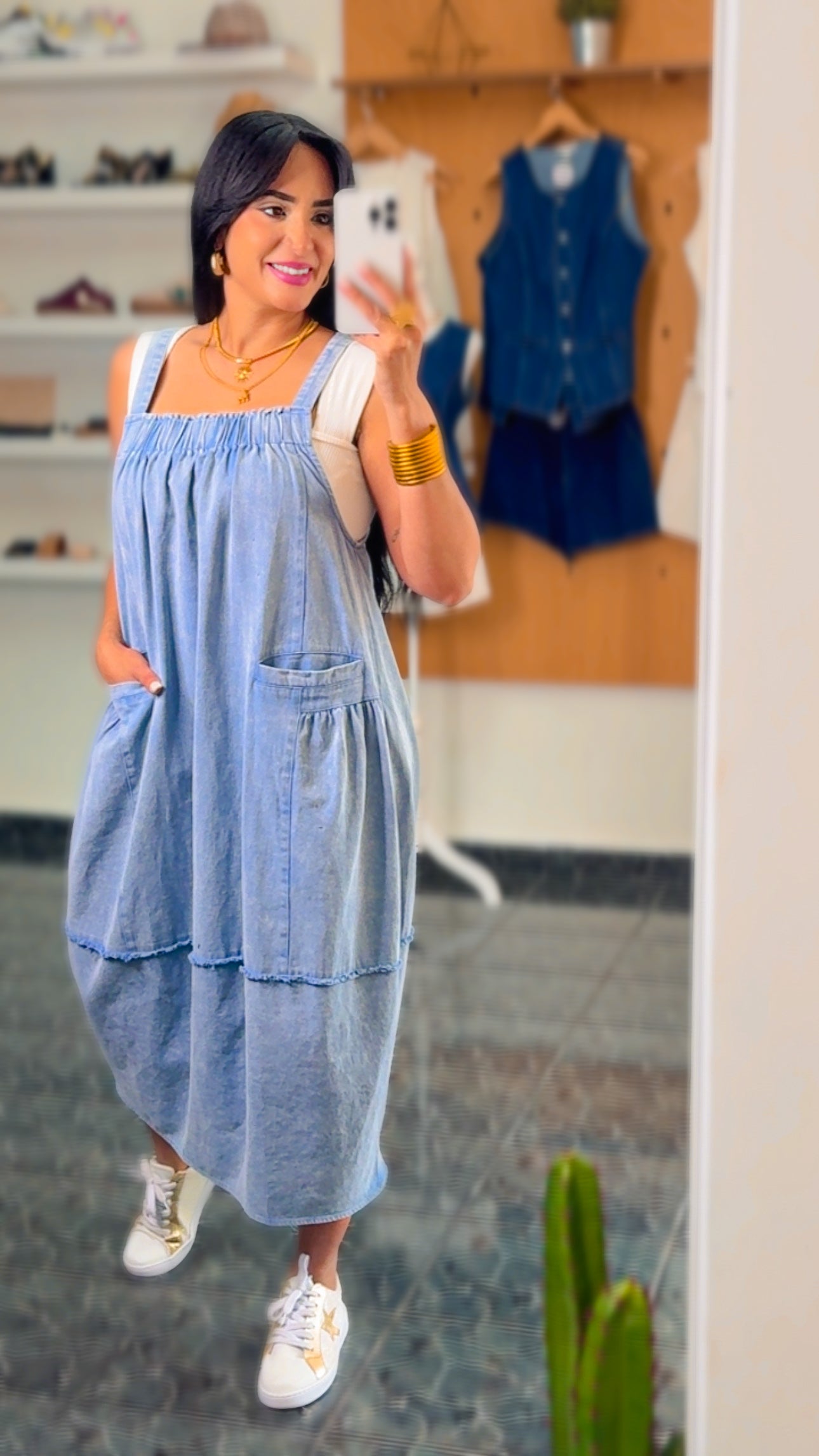 Washed Denim Overall Midi Dress