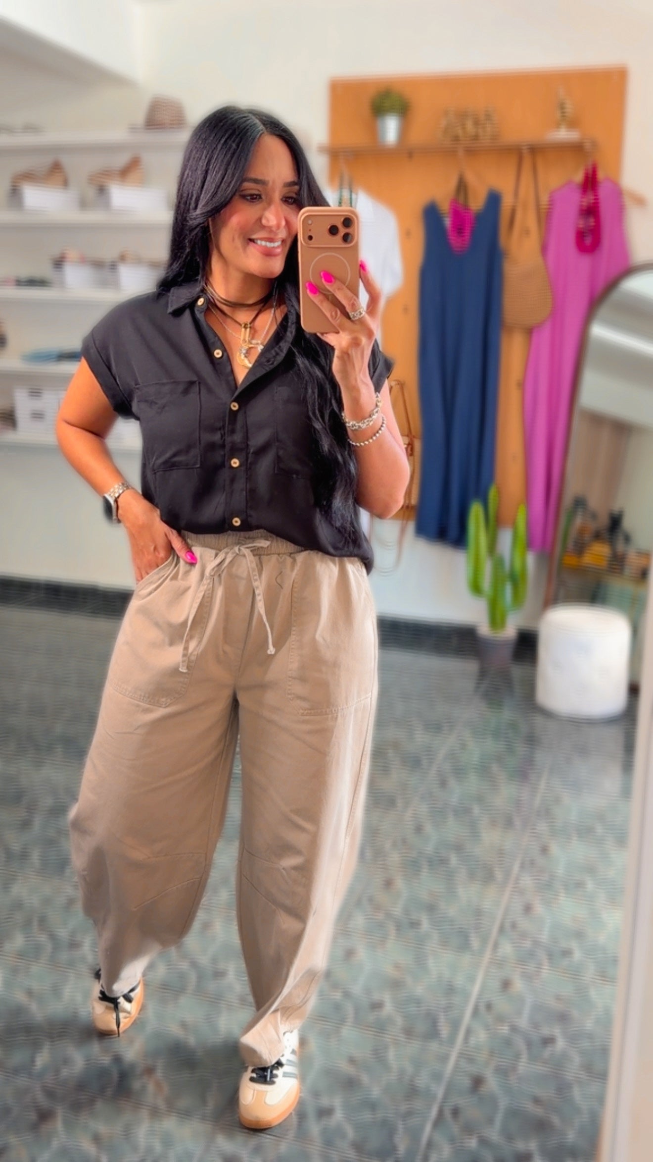Beige Twill Elastic Waist Barrel Pants