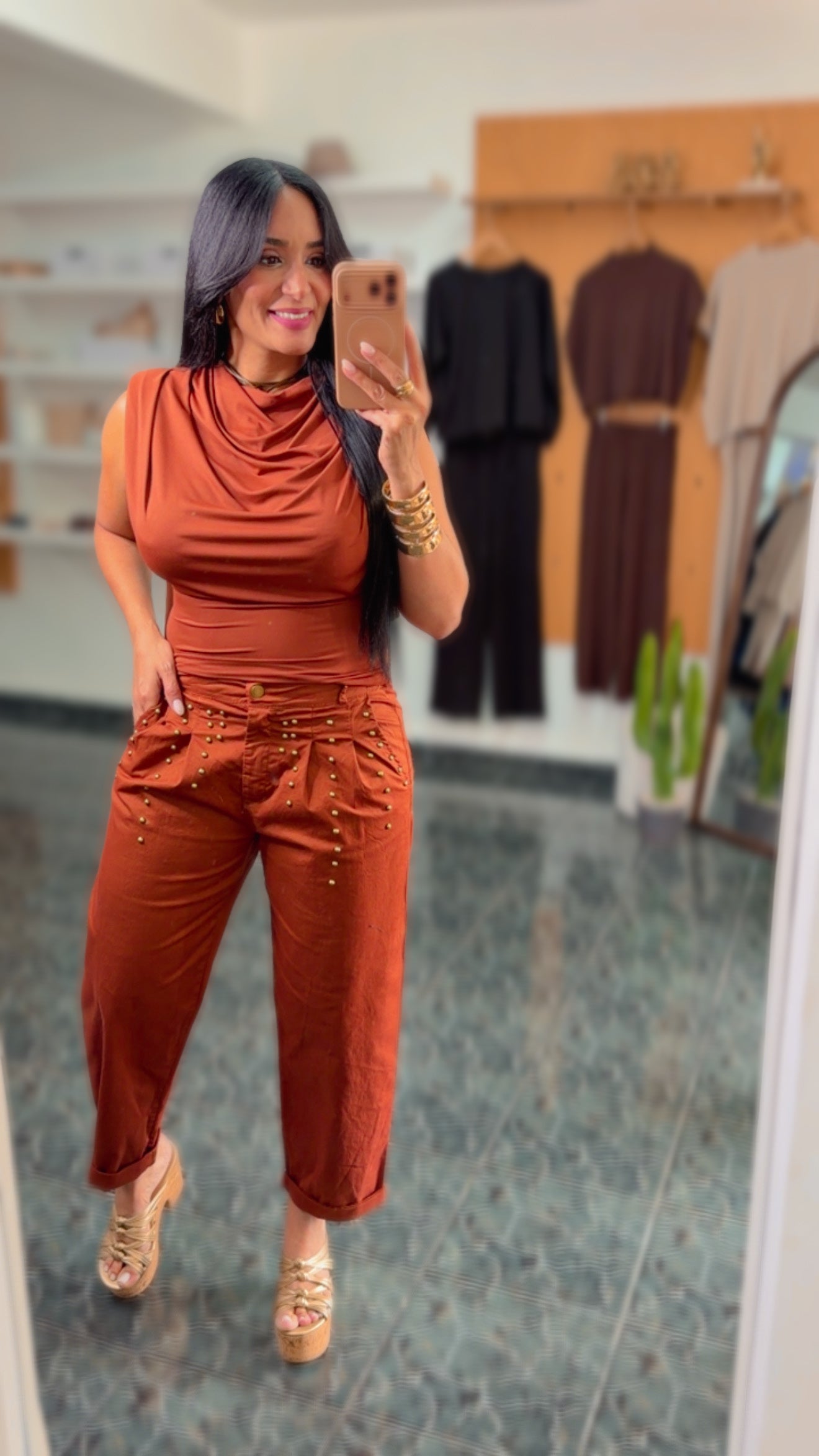 Italy Copper Studs Pleated Pants
