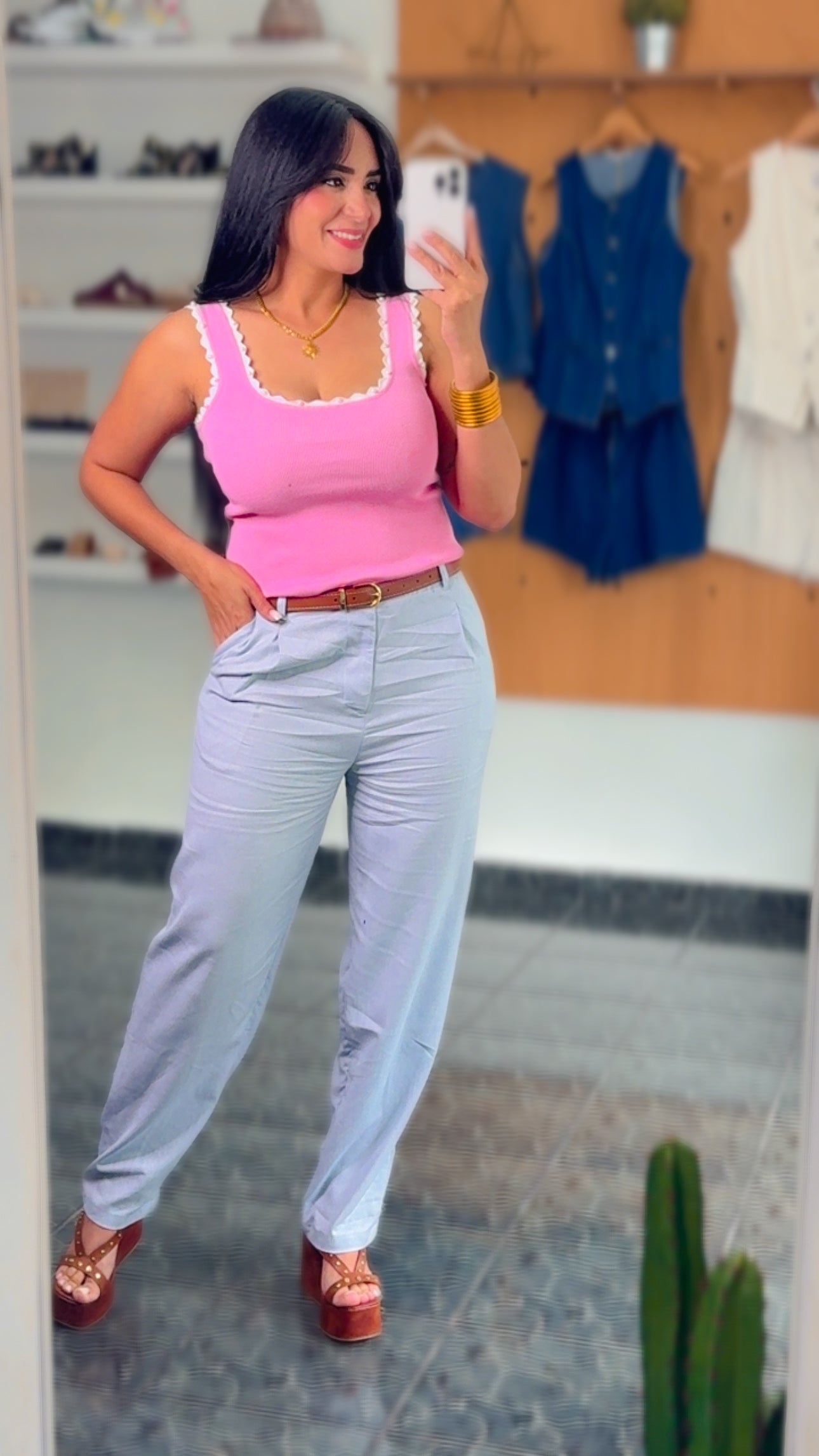 Baby Blue Linen Belted Pants