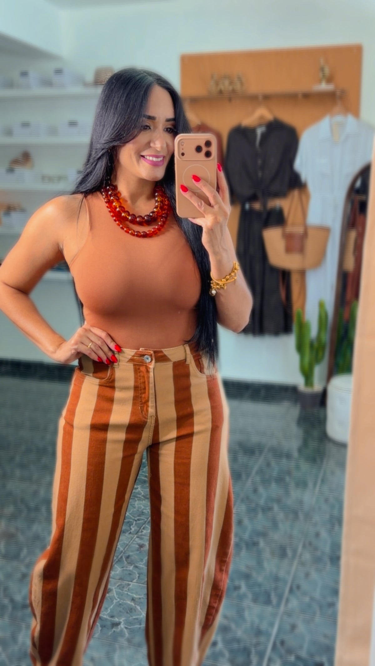 Cream/Brown Striped Spandex Barrel Jeans