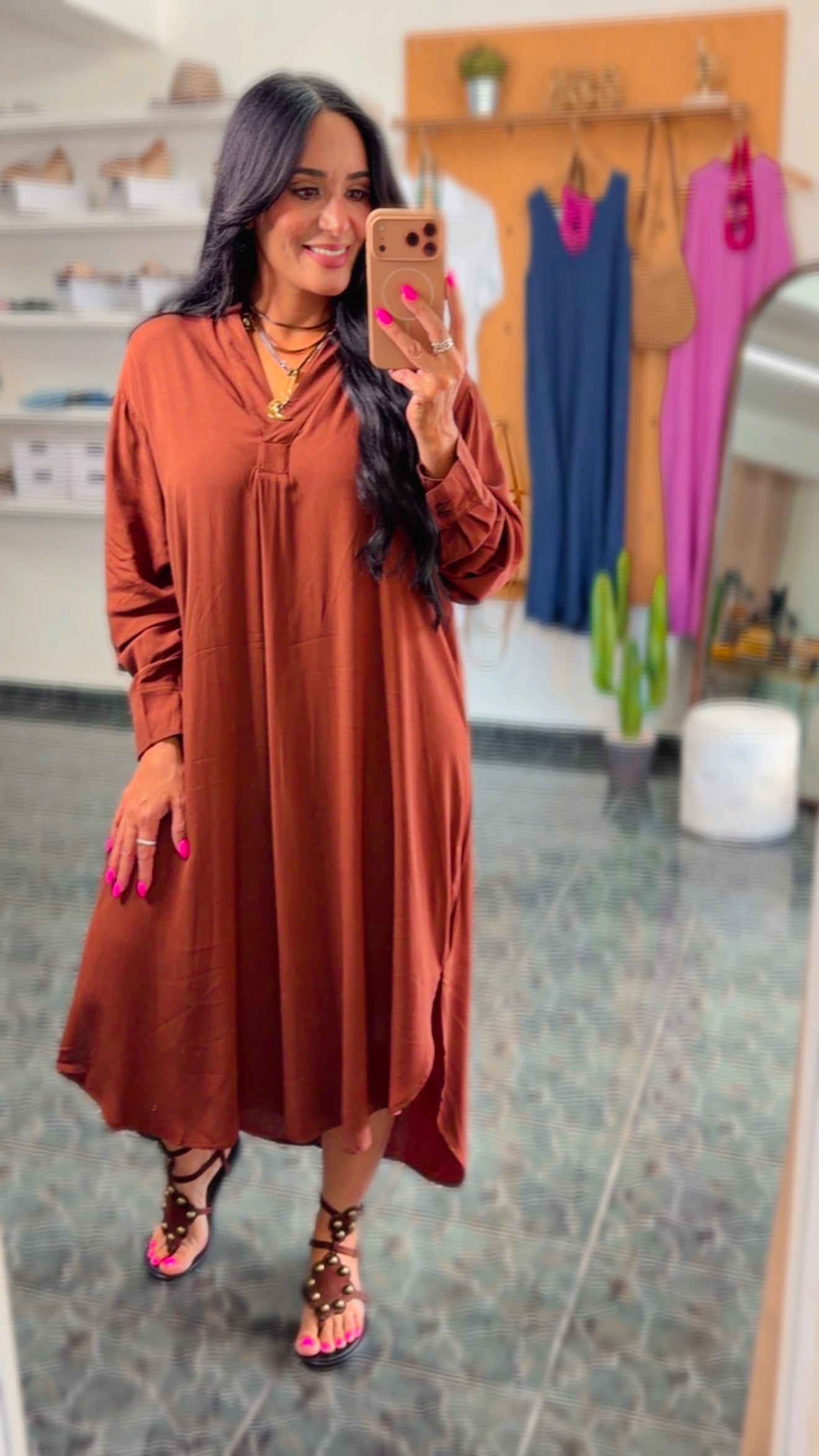 Chestnut Rayon Midi Shirt Dress