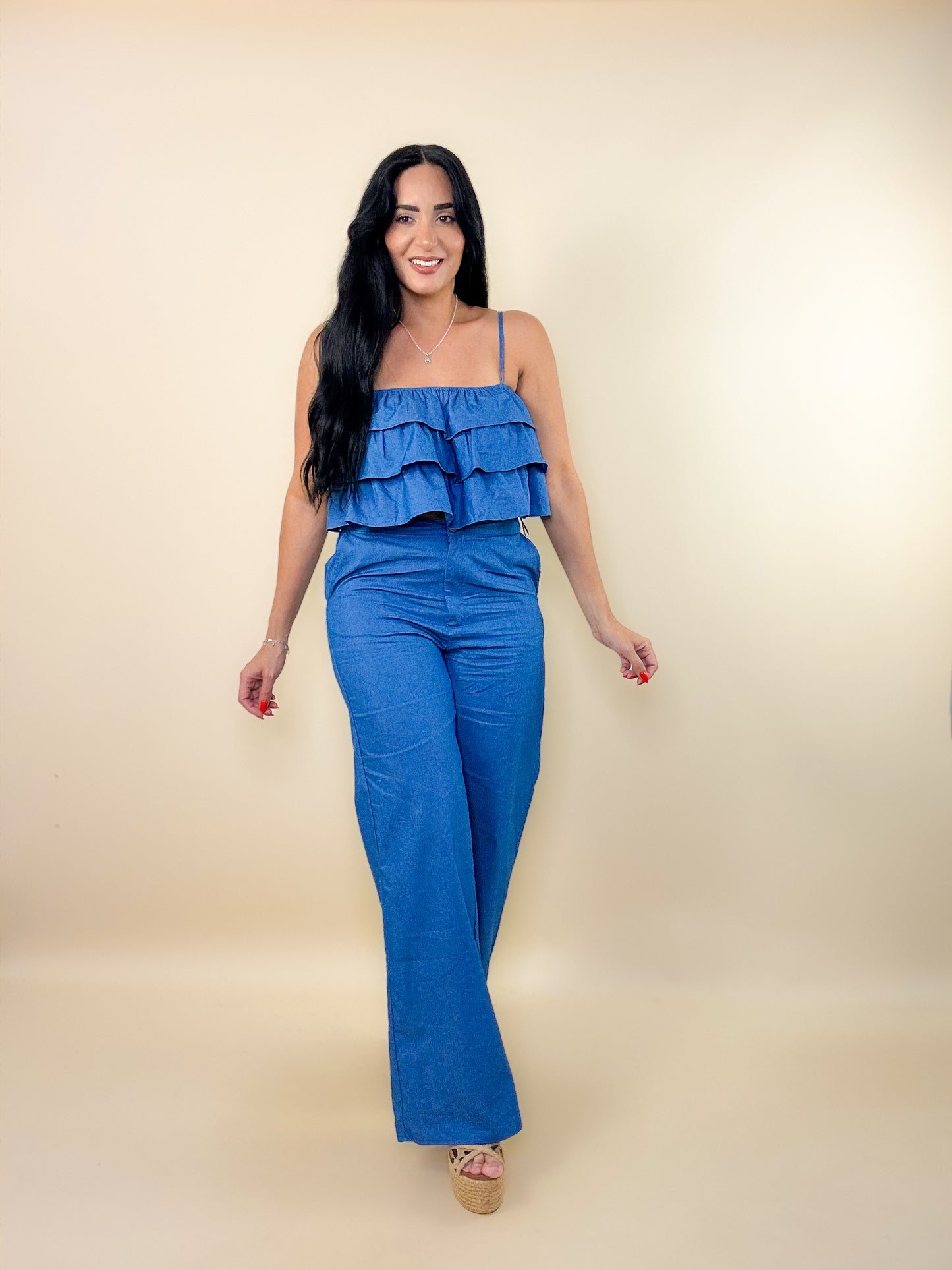 Ruffled Woven Top/Pants Set