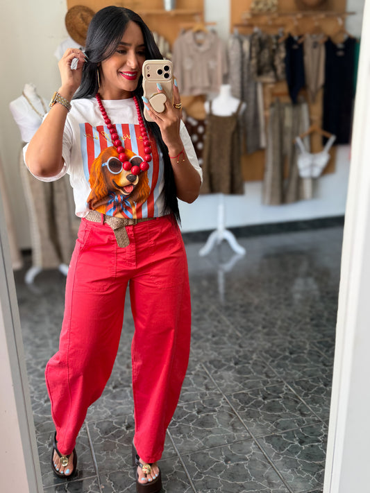 Italy Coral/Red Belted Slouchy Pants
