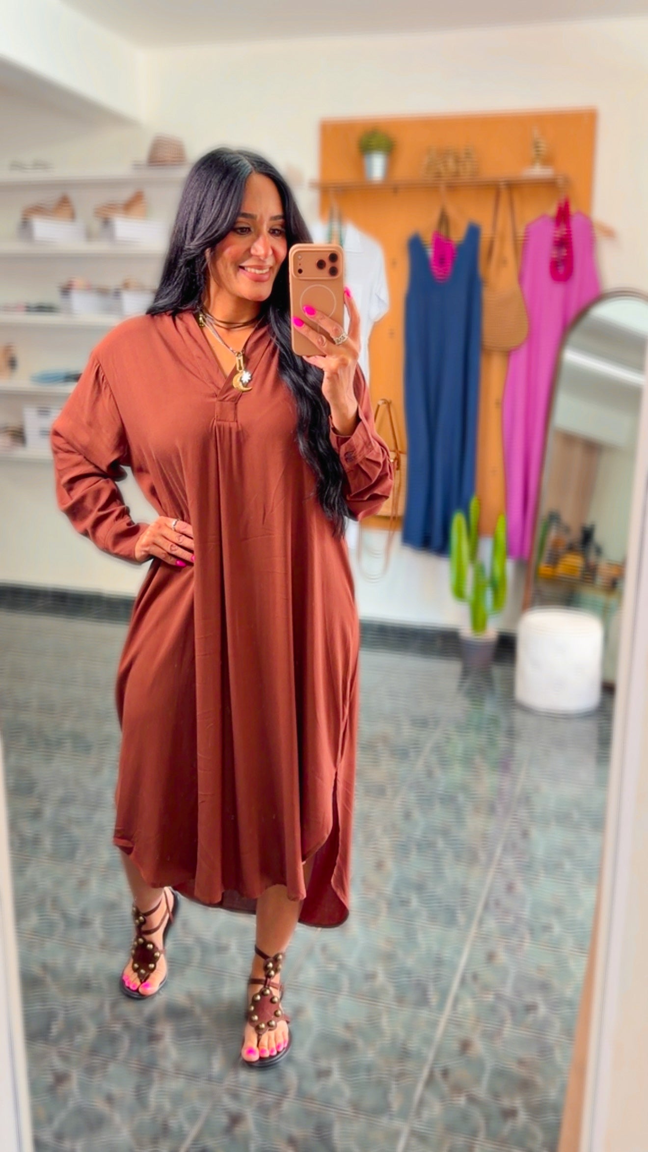 Chestnut Rayon Midi Shirt Dress