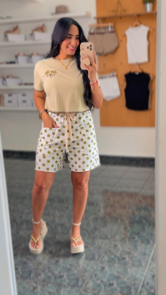 White/Olive Polkadots Denim Shorts