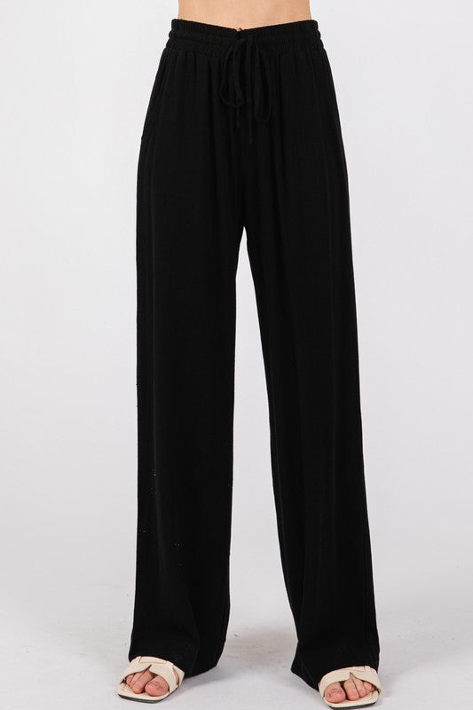 Black Drawstring Waist Wide Leg Pants