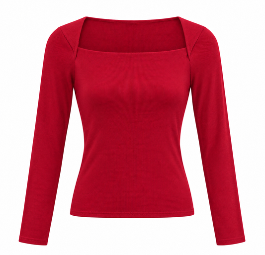Red Knitted Long SLV Spandex Top