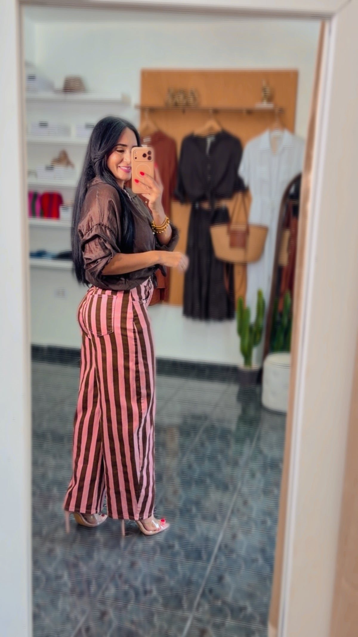 Pink/Coffee Striped Spandex Barrel Jeans