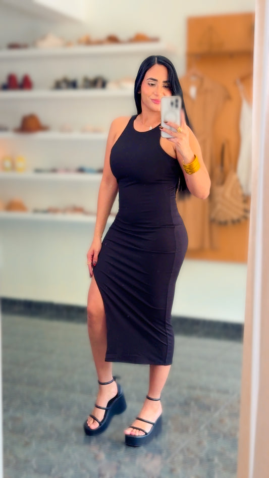 Black Stretchy Basic Midi Dress