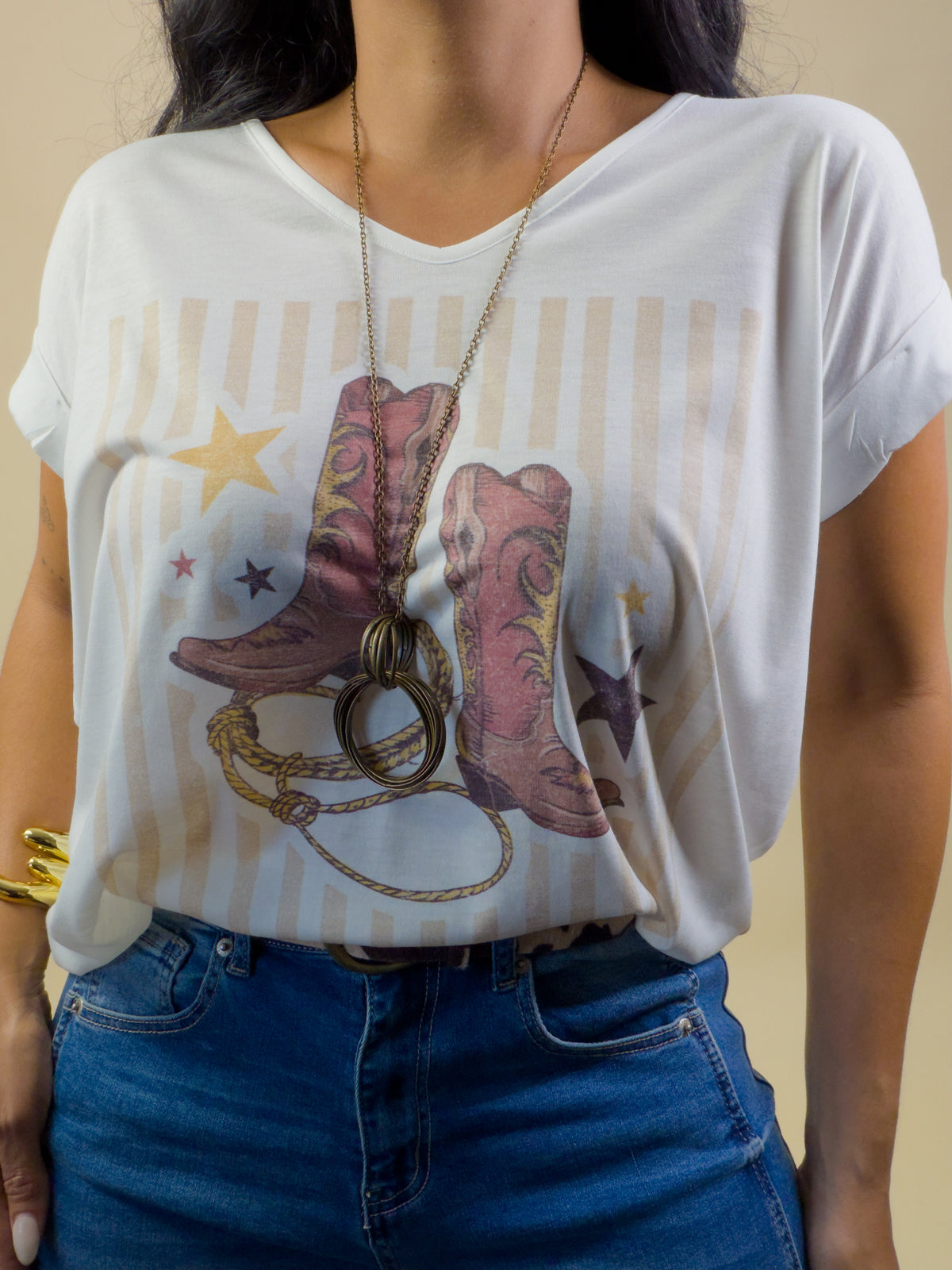 Ivory Cowboy Boots Print V Neck Top