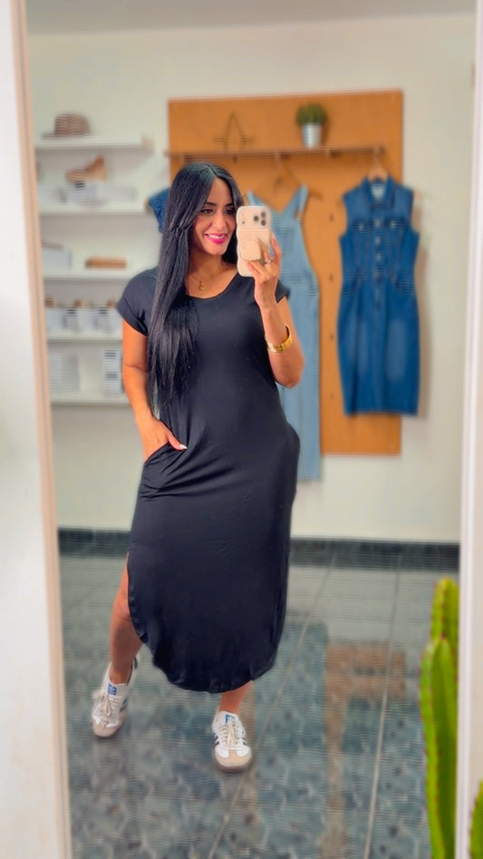 Black V Neck Pockets Midi U Dress