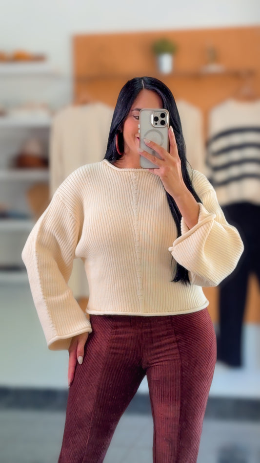 Cream Knit Flared Sleeves Sweater