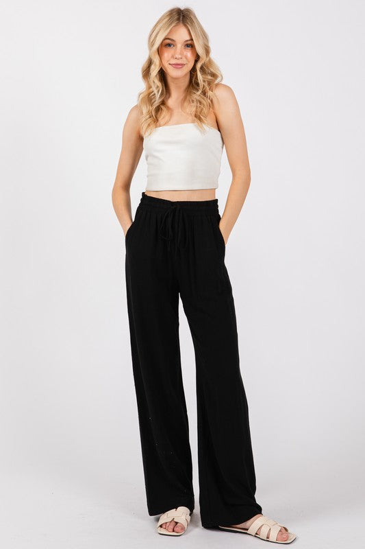 Black Drawstring Waist Wide Leg Pants