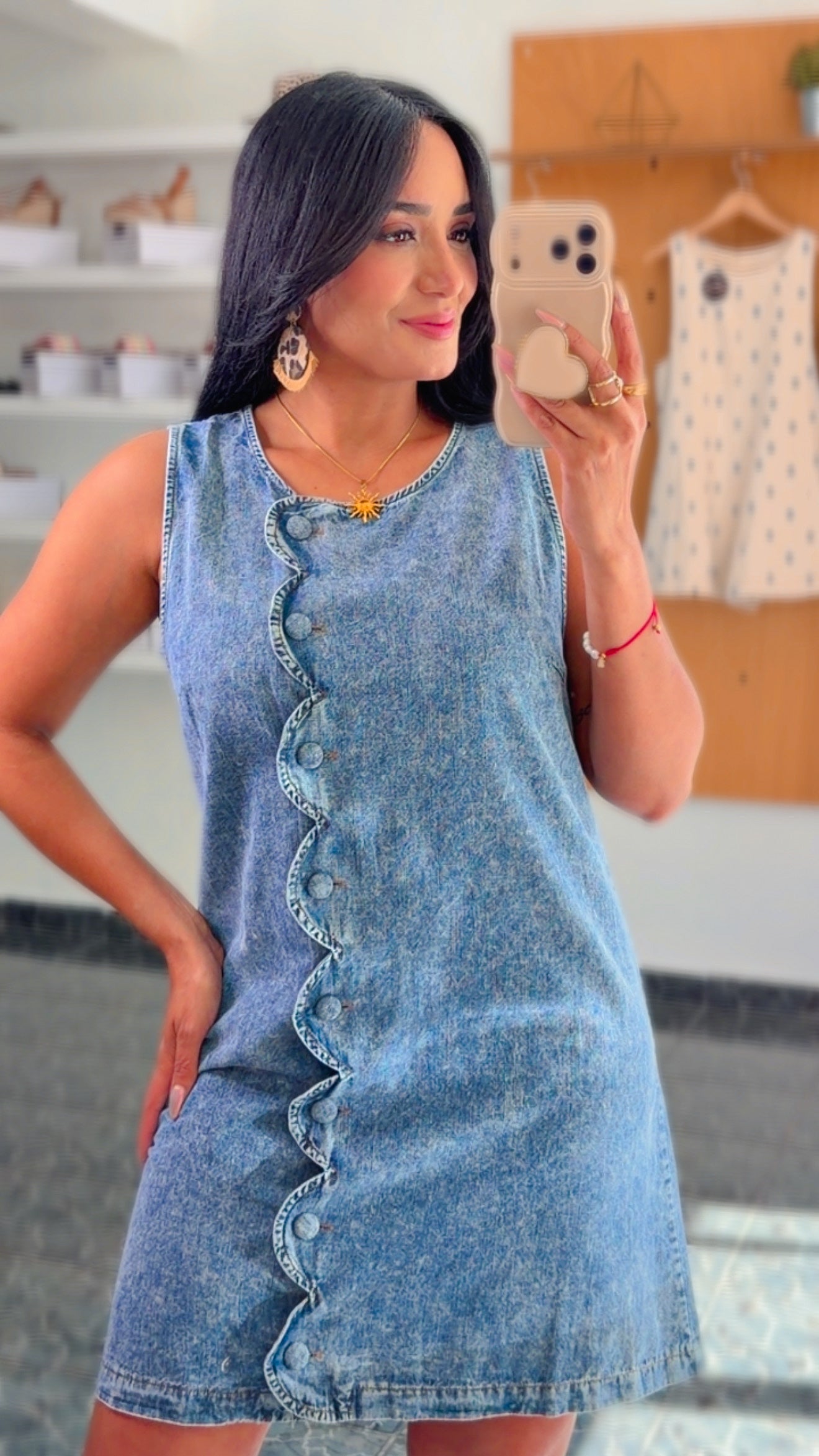 Scallop Button Vintage Denim Wash Dress