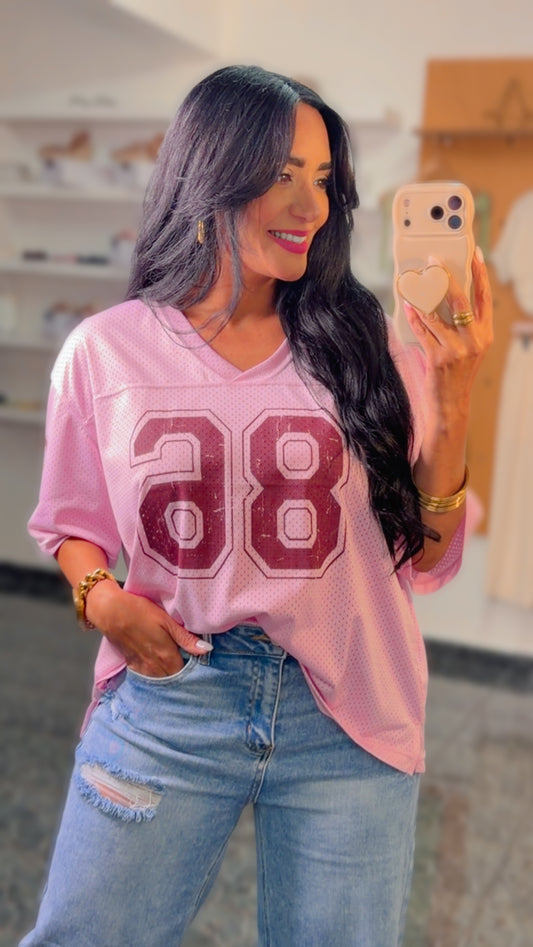 Pink Printed Mesh Baseball TShirt