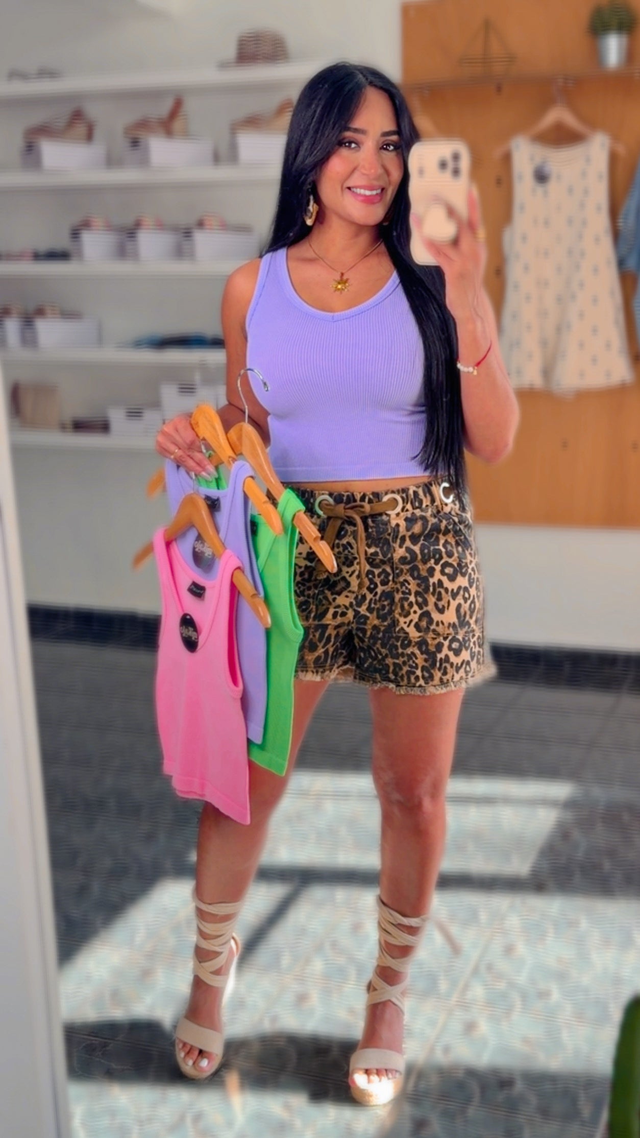Animal Print Frayed Hem Denim Shorts
