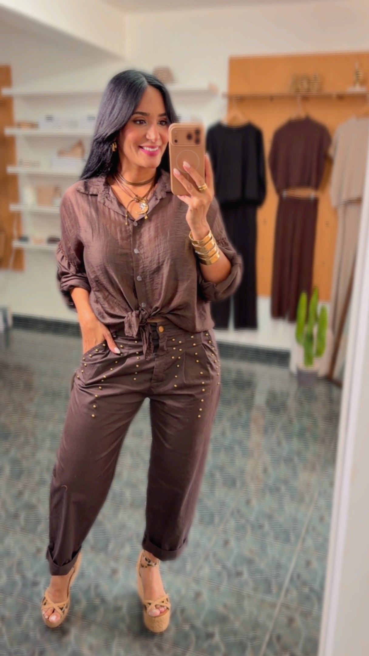 Italy Brown Studs Pleated Pants