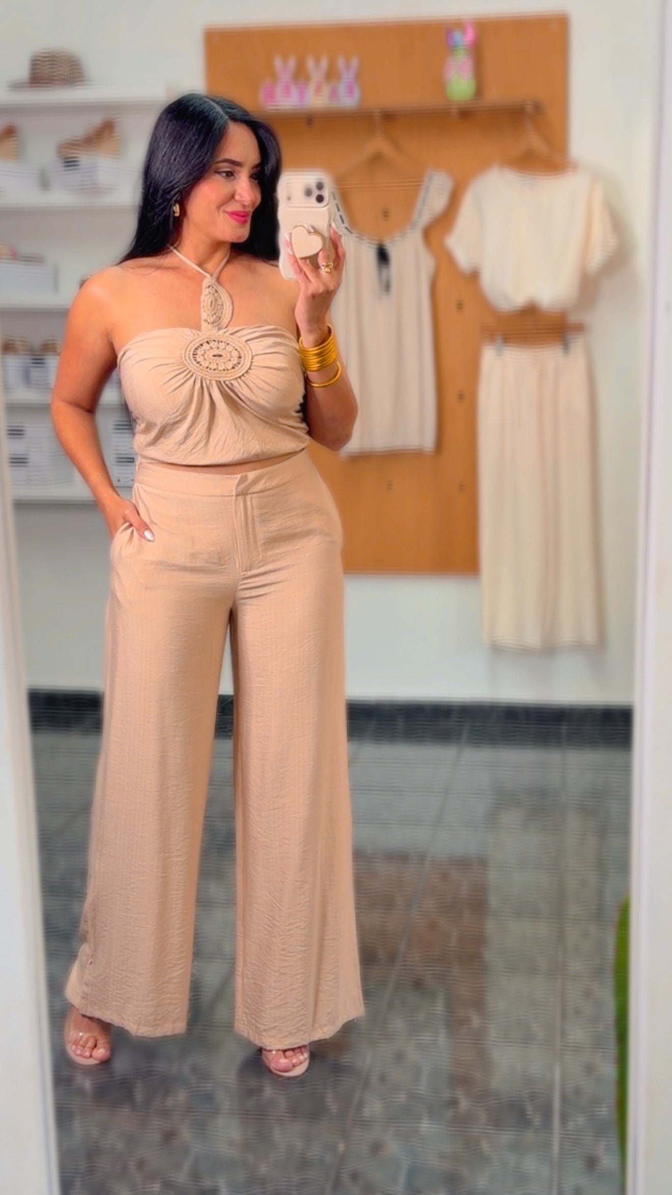 Natural Crochet Patch Halter Top/Pant Set