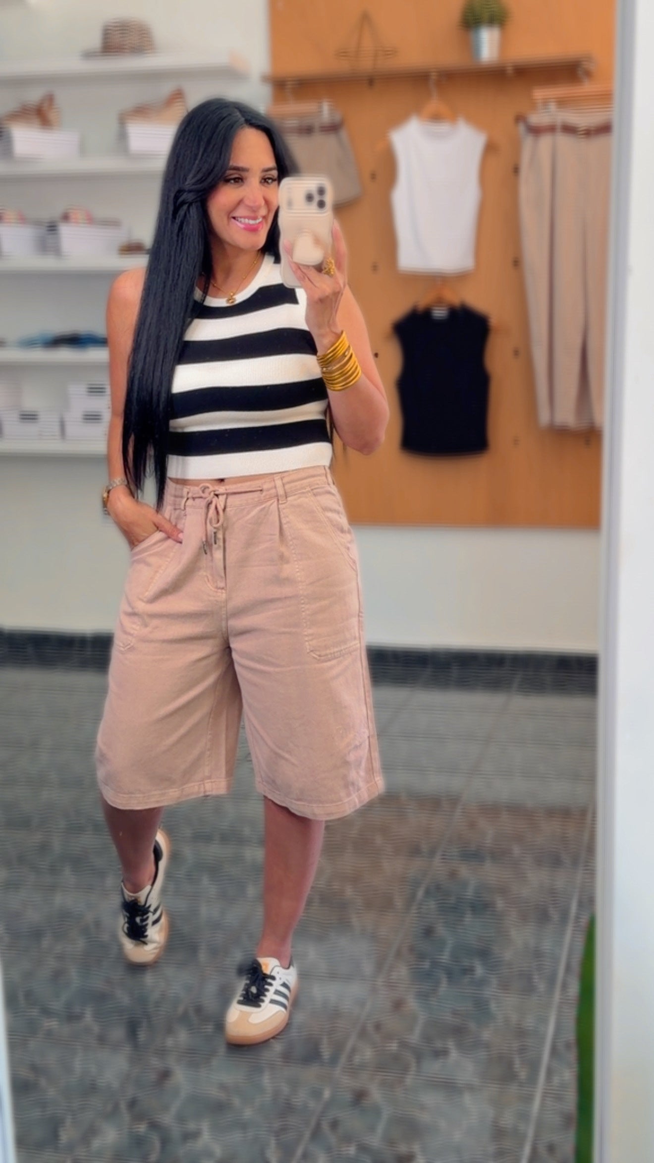 Taupe Denim Elastic Waist Bermuda