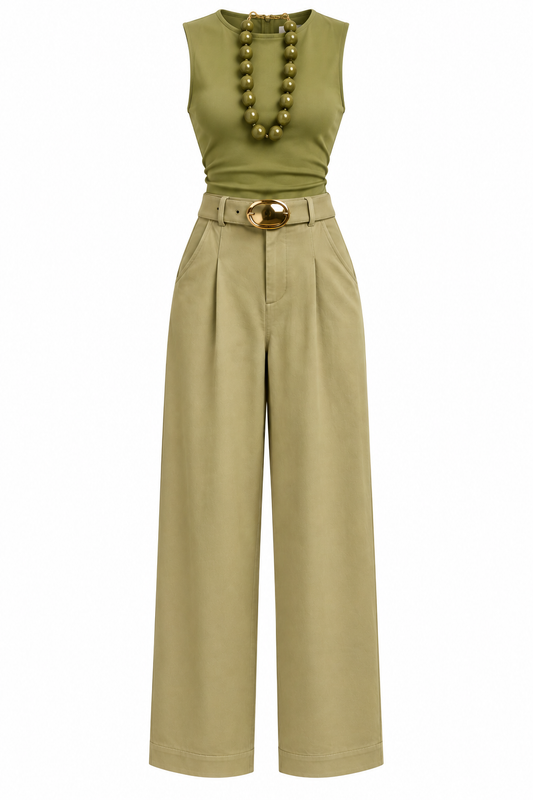 Light Olive Belted Spandex Wide Leg Pants