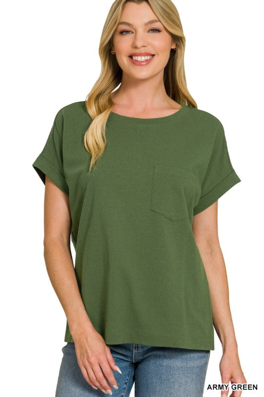 Army Green Cuffed Front Pocket Tee