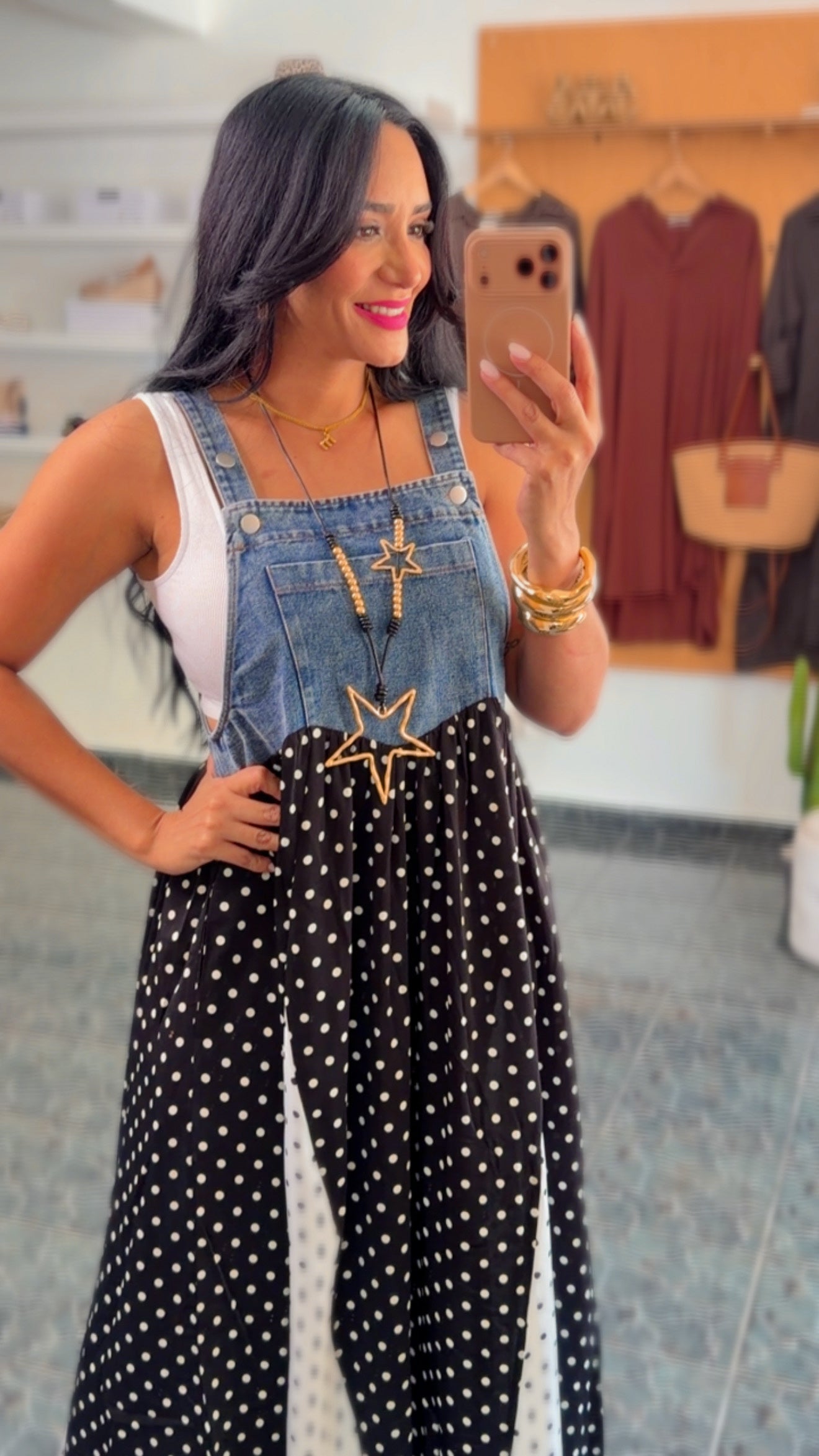 Polka Dots Patchwork Denim Overall Dress