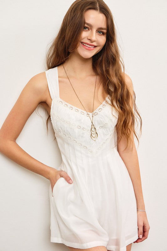 White Embroidered Pleated Romper