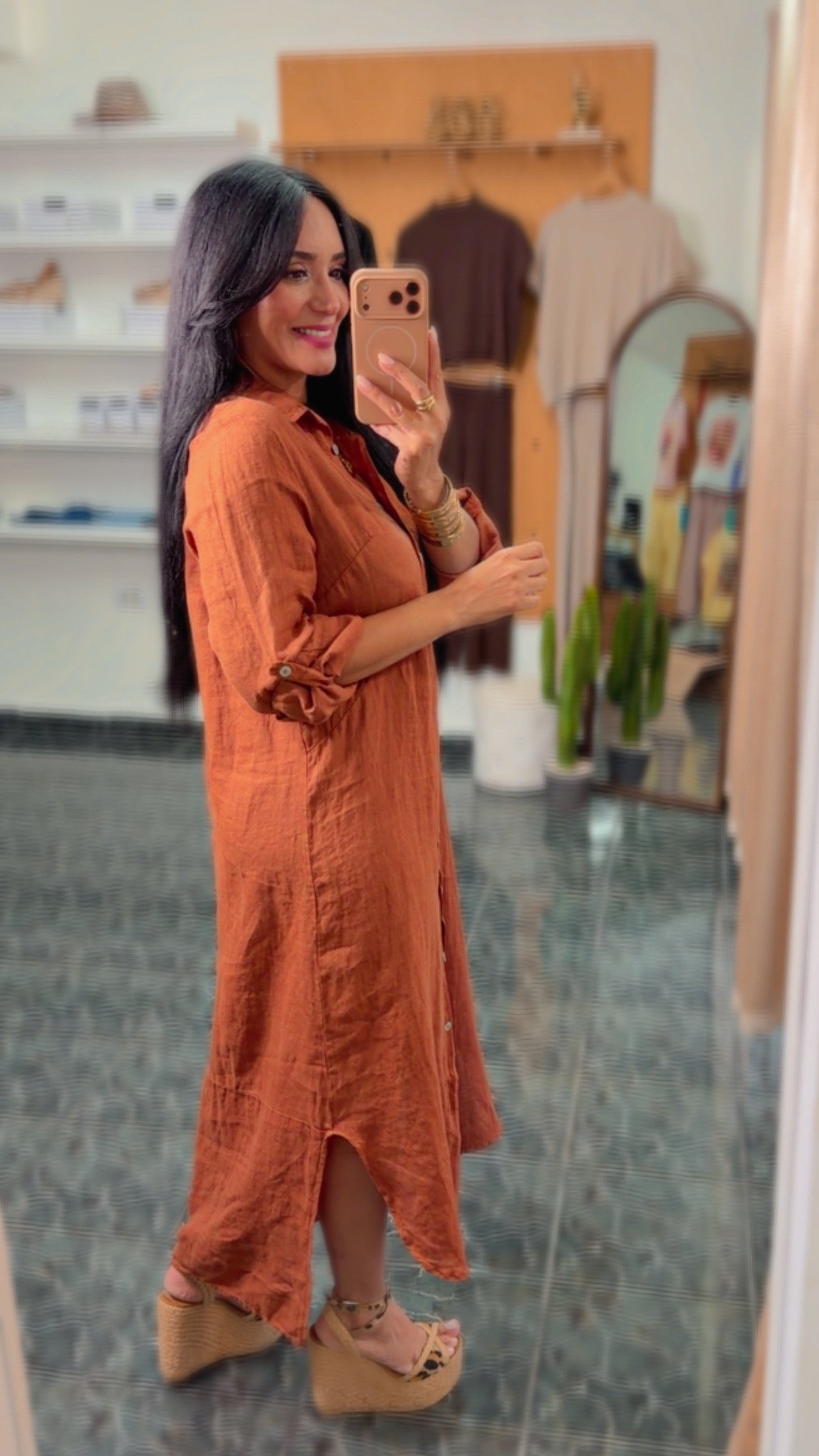 Italy Copper Linen Button Down Maxi Dress