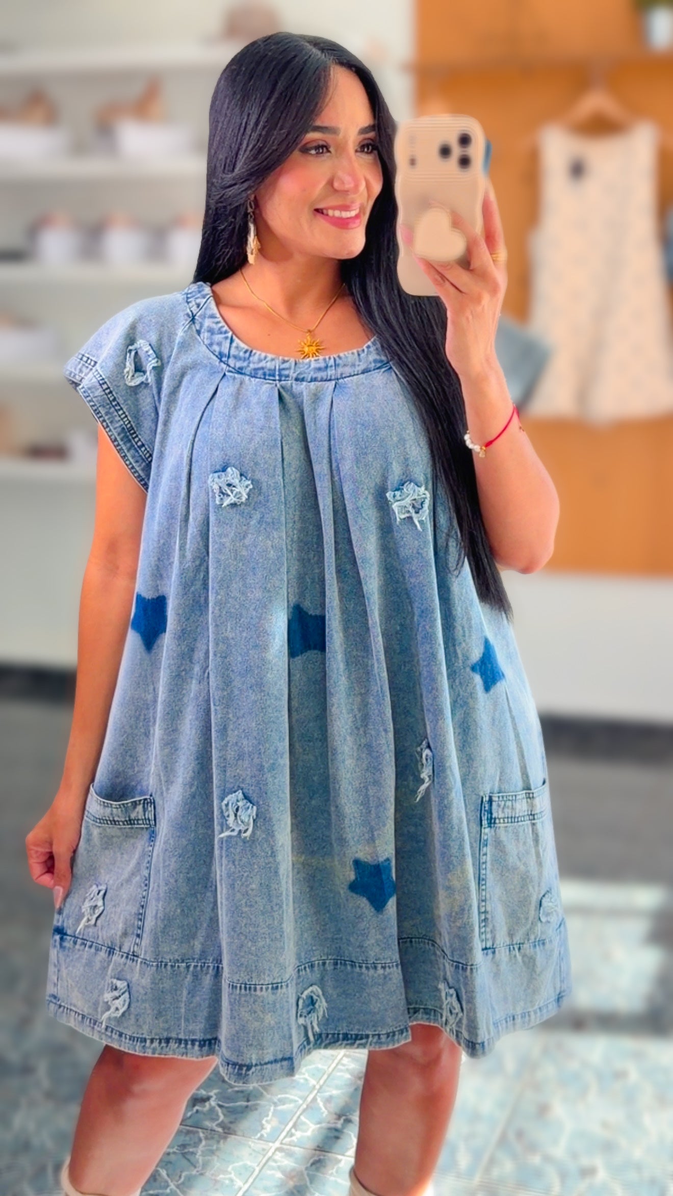 Denim Star Path Pockets Dress