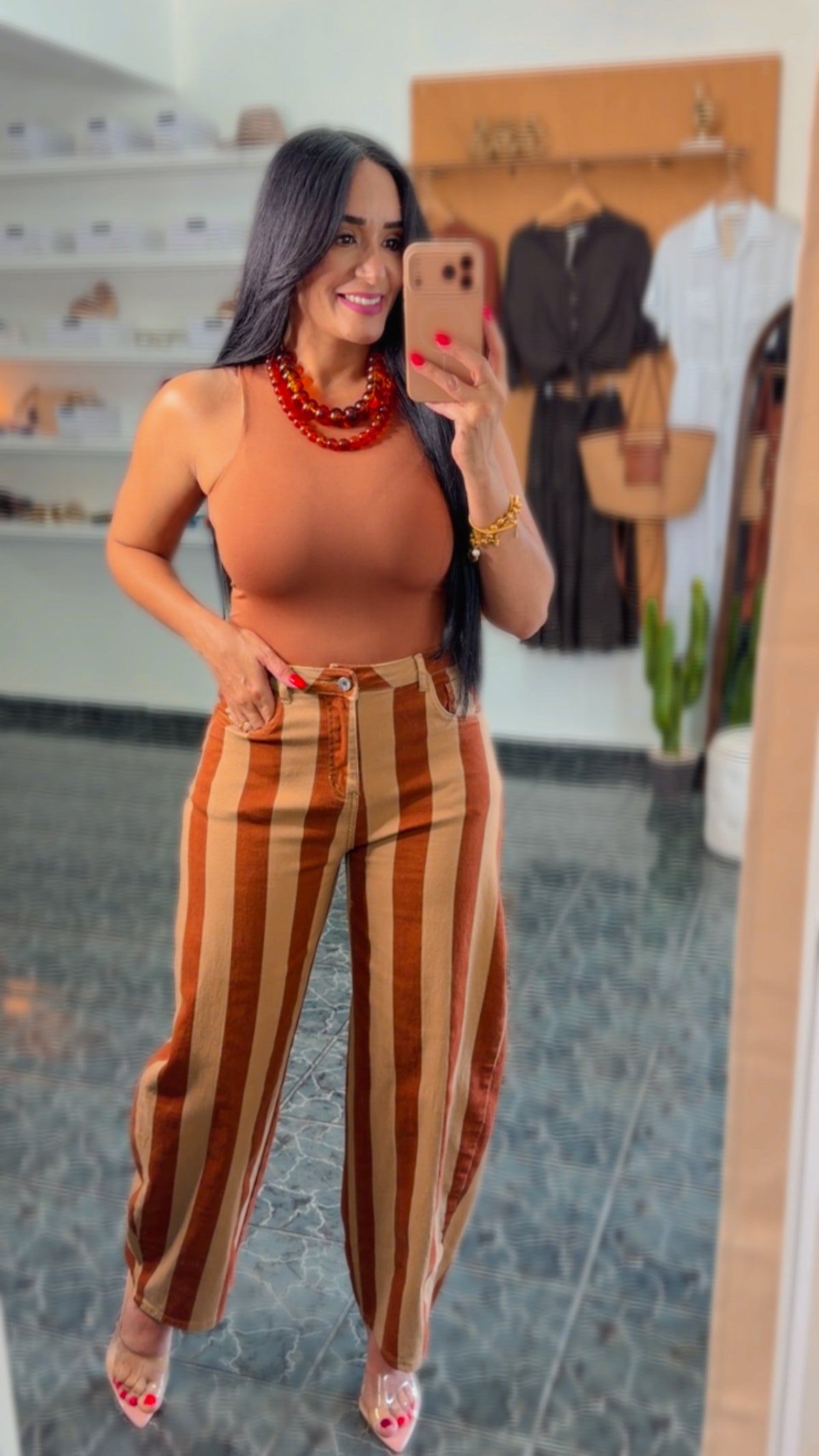 Cream/Brown Striped Spandex Barrel Jeans