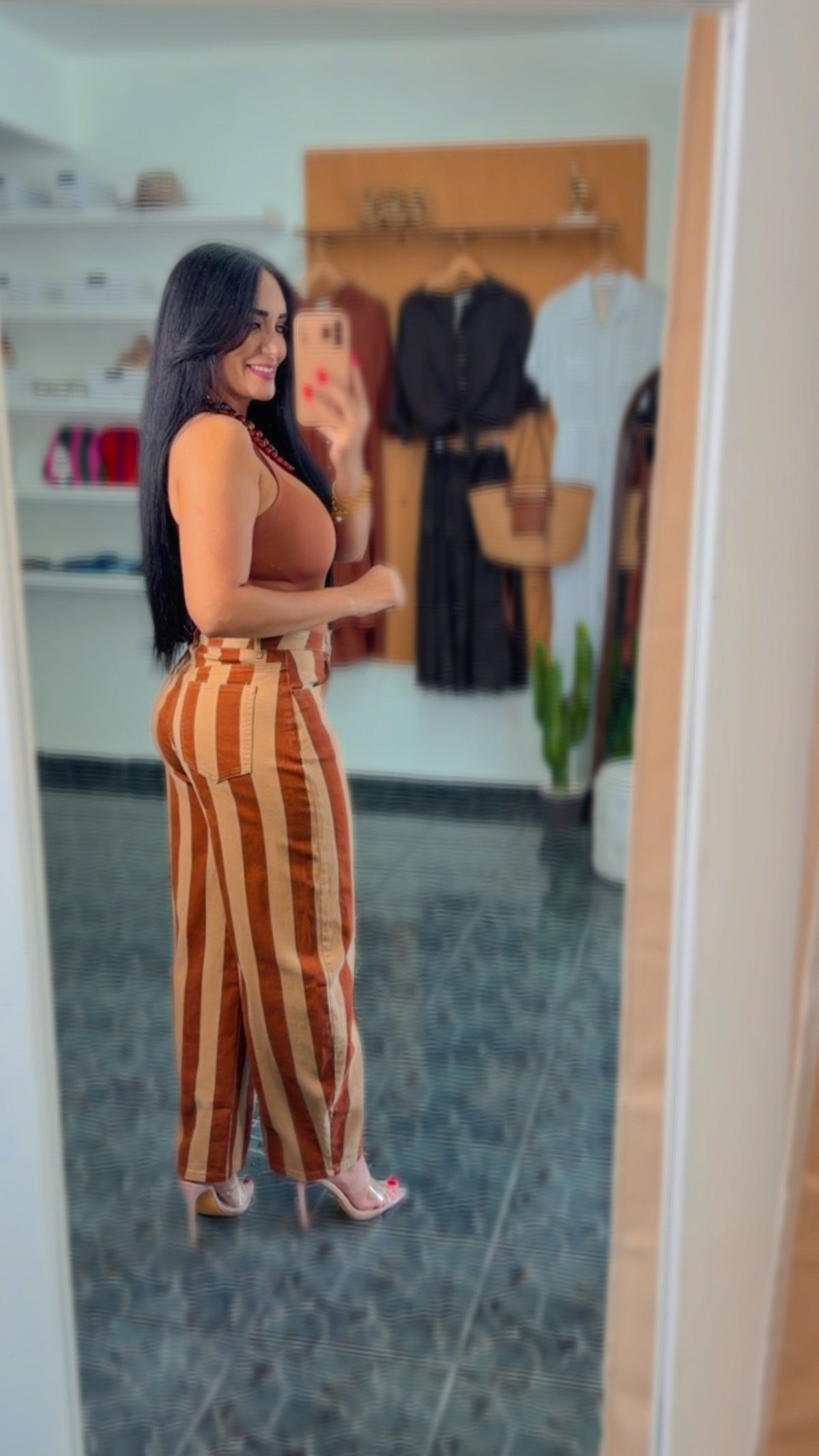 Cream/Brown Striped Spandex Barrel Jeans