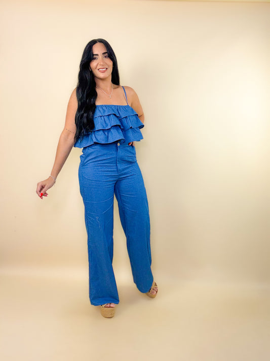 Ruffled Woven Top/Pants Set