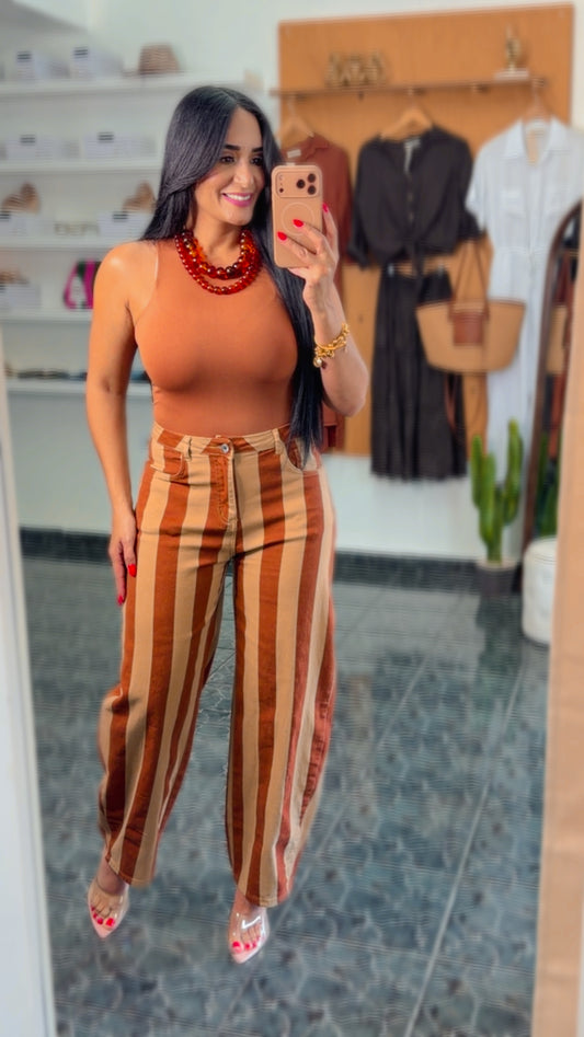 Cream/Brown Striped Spandex Barrel Jeans