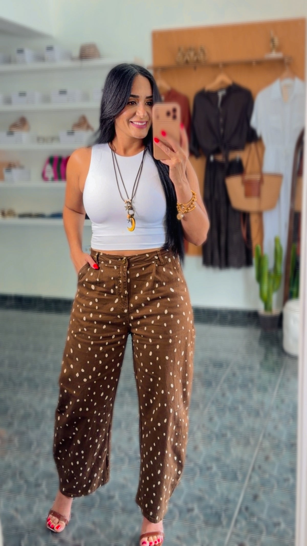Coffee Bambi Print Spandex BarrelJeans