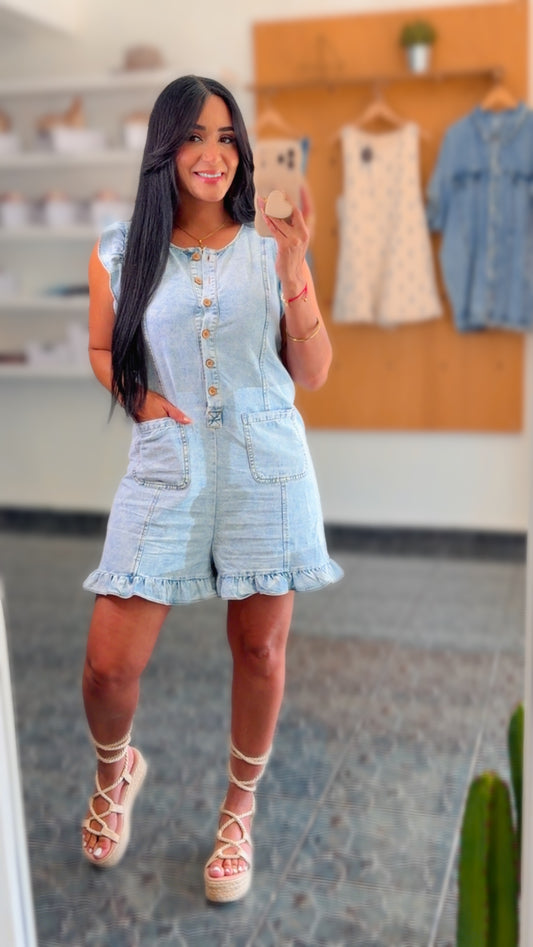 Light Washed Denim Ruffle Sleeve Romper