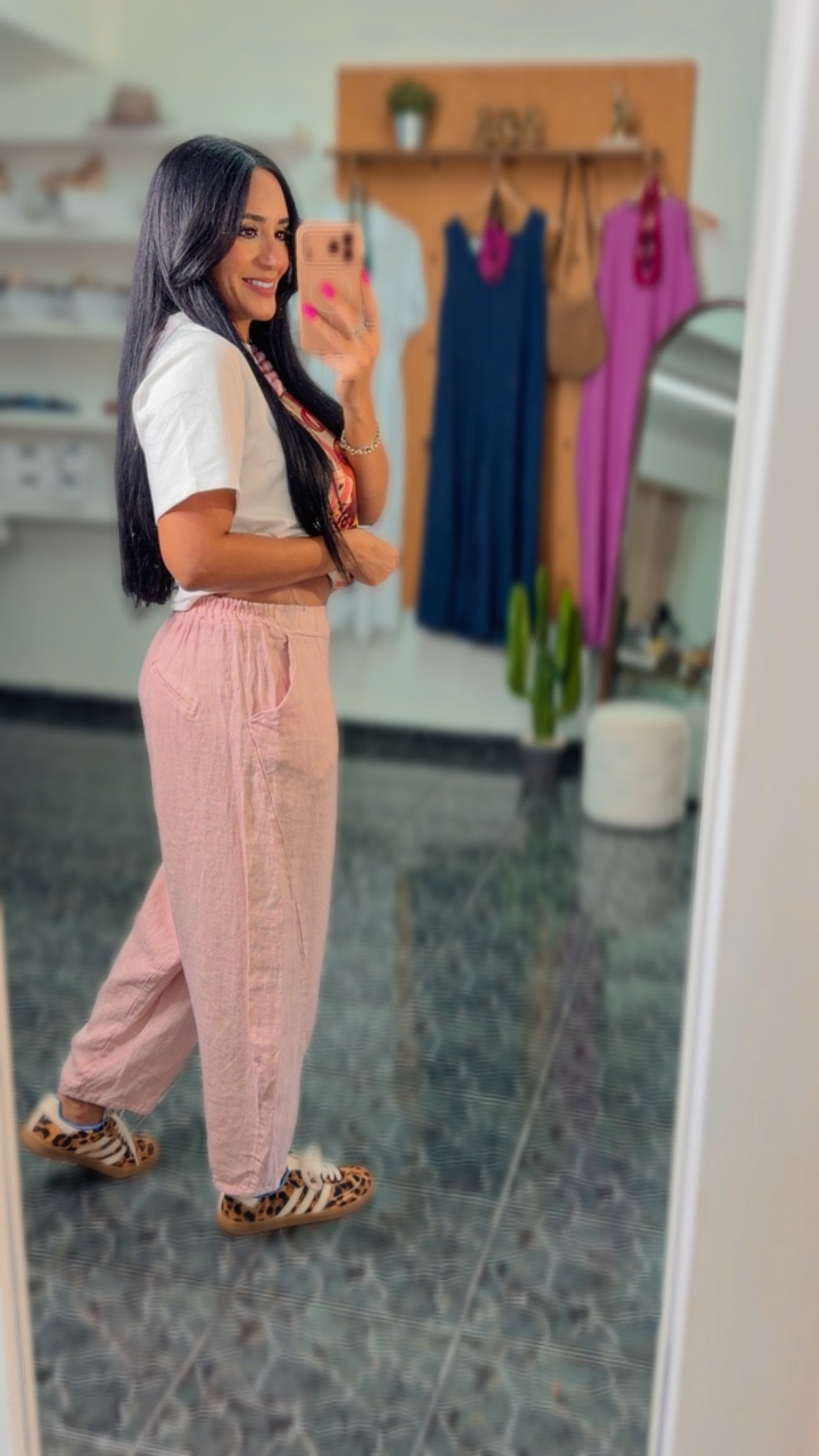 Italy Light Pink Linen Onesize Barrel Pants