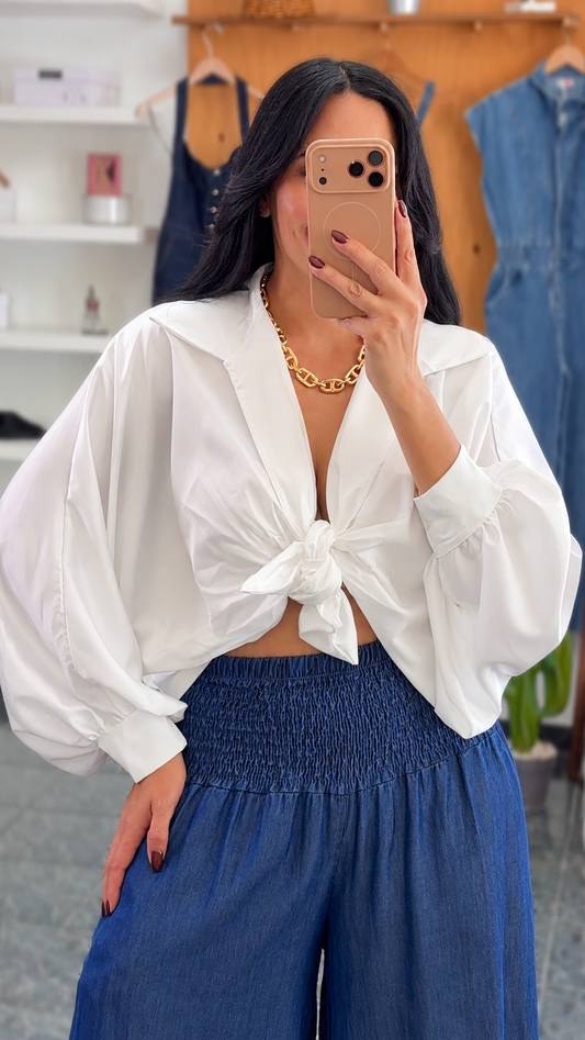 Italy White Satin Knot Shirt