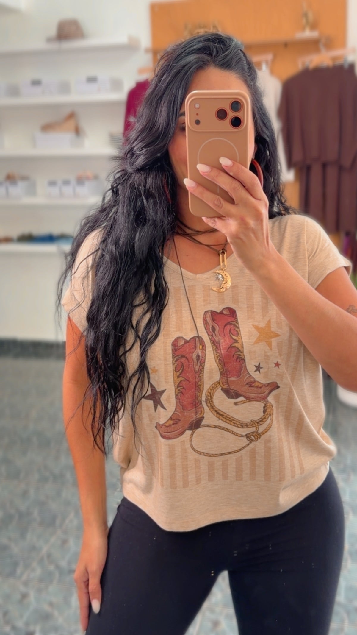 Oatmeal Cowboy Boots Print V Neck Top