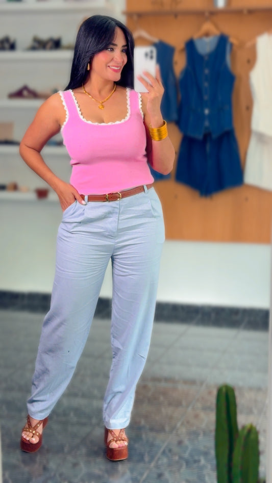 Baby Blue Linen Belted Pants