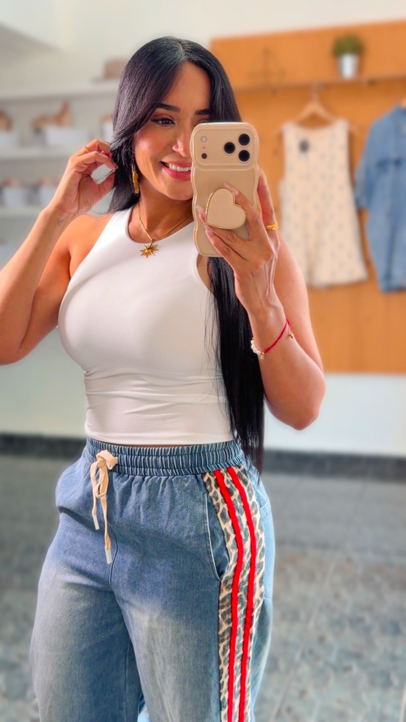 Side Leopard Red Accent Wide Leg Denim Pant