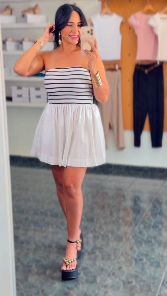 White/ Black Striped Strapless Dress