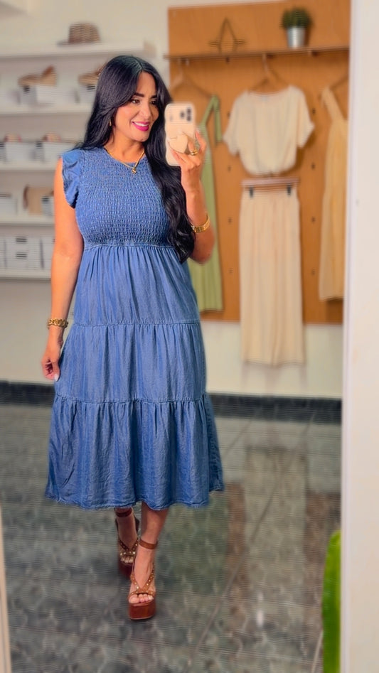 Smocked Ruffle Sleeve Midi Denim Dress