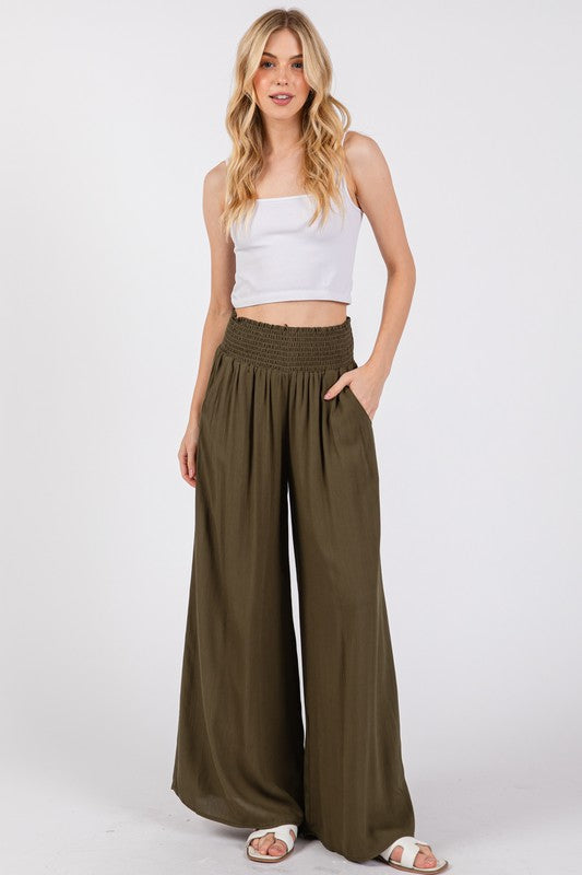 Olive Gauze Wide Smock Waist Wide Leg Pants