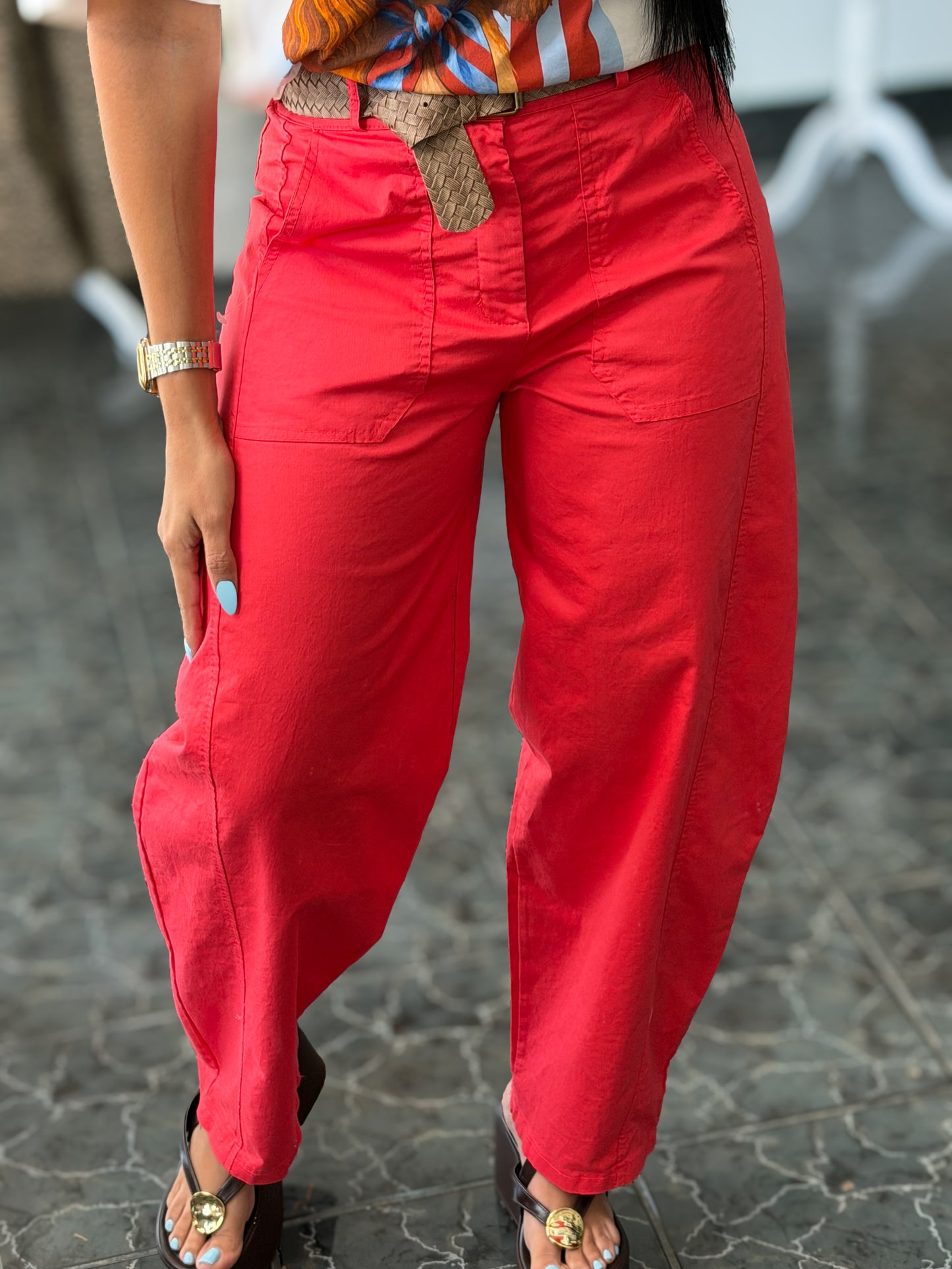 Italy Coral/Red Belted Slouchy Pants
