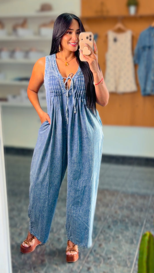 Washed Denim Wide Leg Jumpsuit