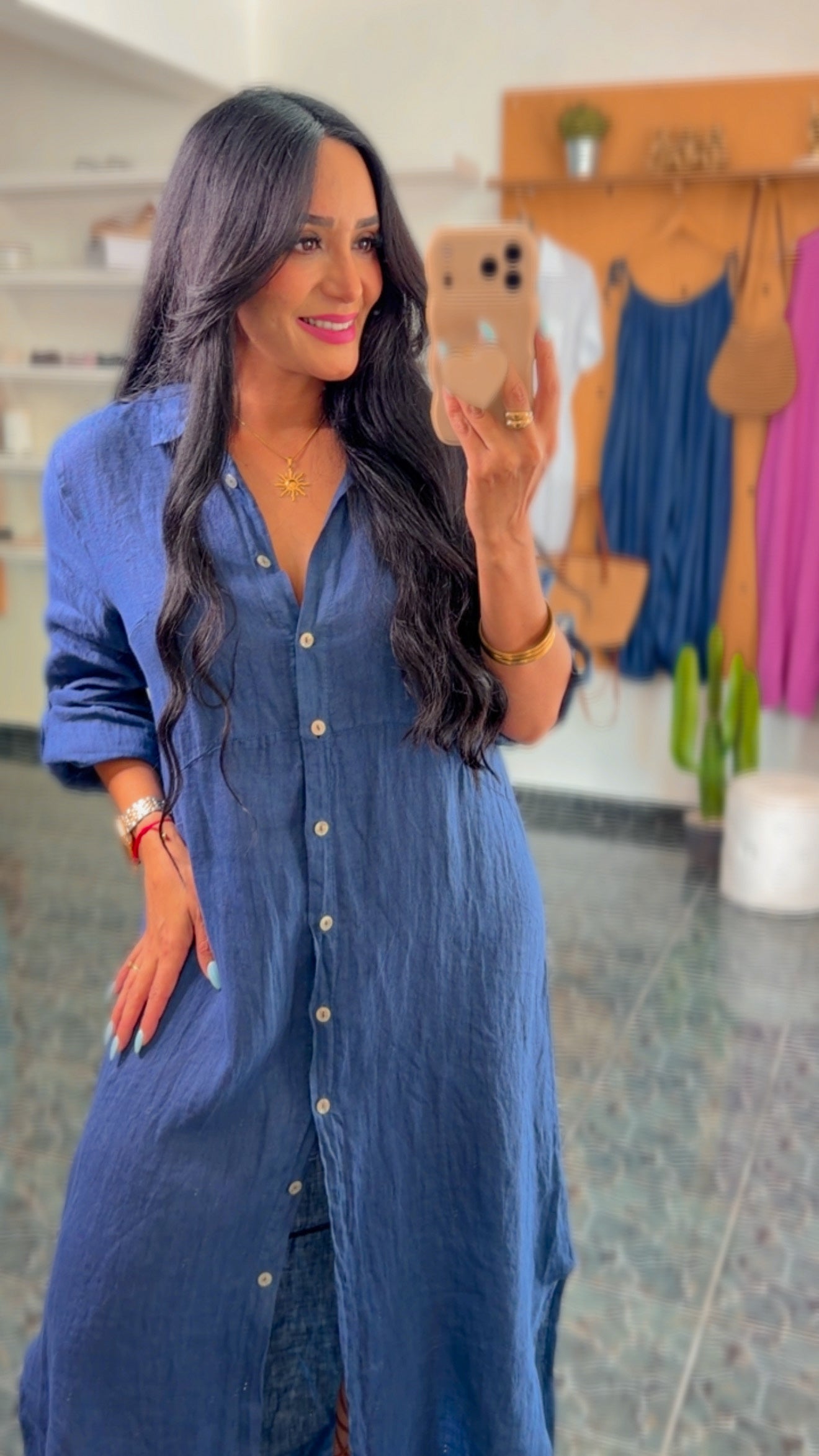 Italy Navy Linen Button Down Maxi Dress