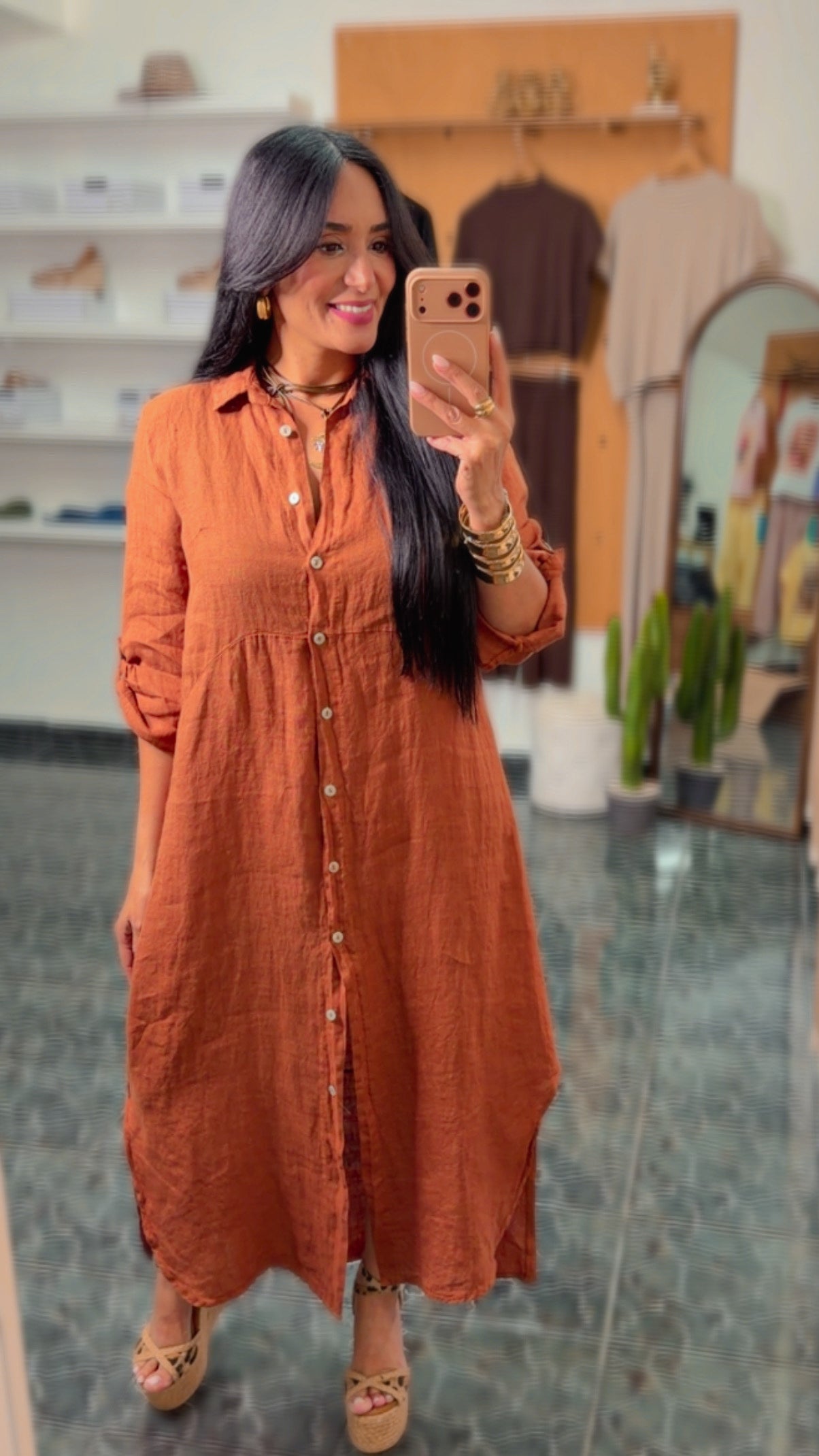 Italy Copper Linen Button Down Maxi Dress